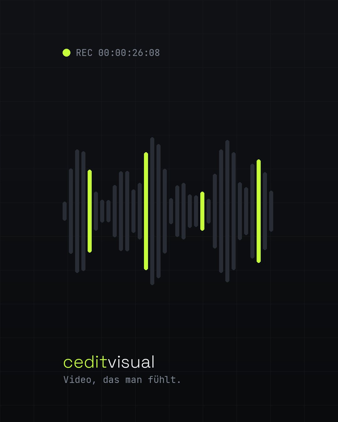 Wellenform-Grafik im ceditvisual-Design mit Timecode und Wortmarke